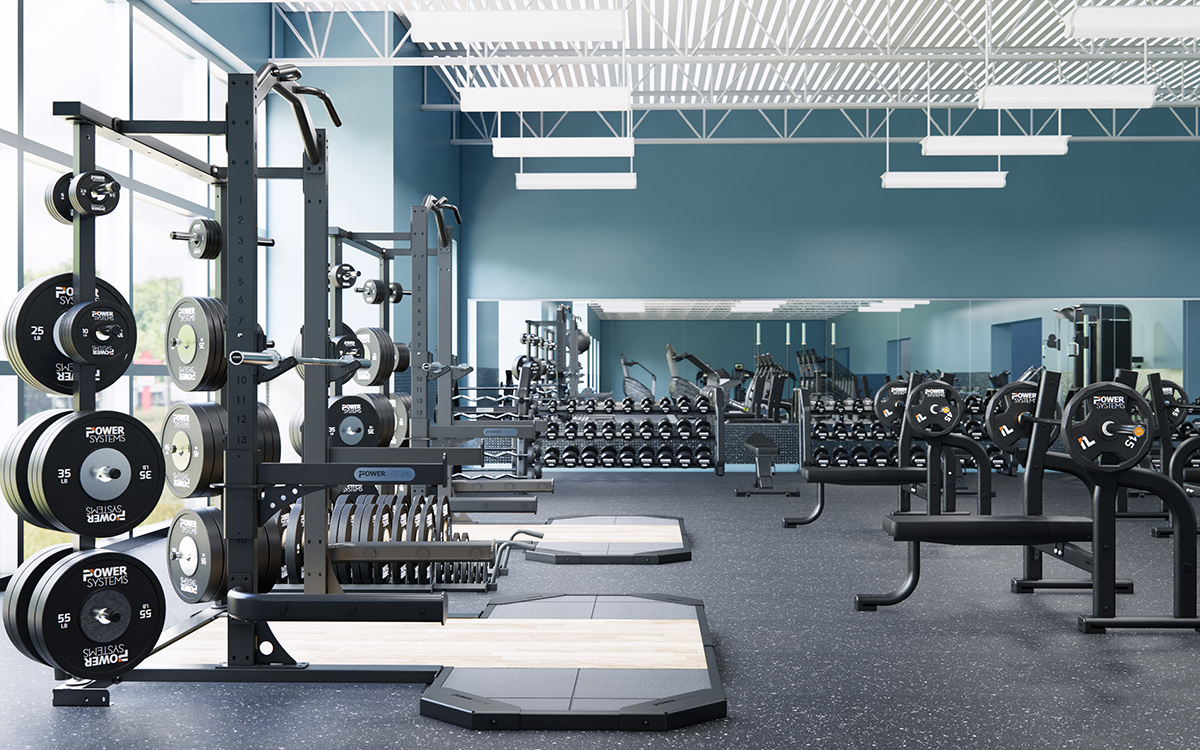 Strength Training Room with Racks, Plates, Benches, Free Weights